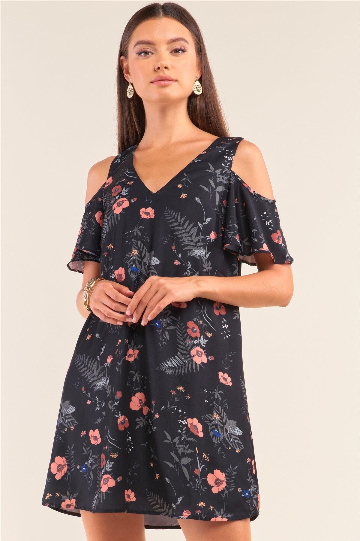 Black Floral Print Relaxed Fit V-Neck Cut-Out Shoulder Sleeve Detail Mini Dress /2-2-2