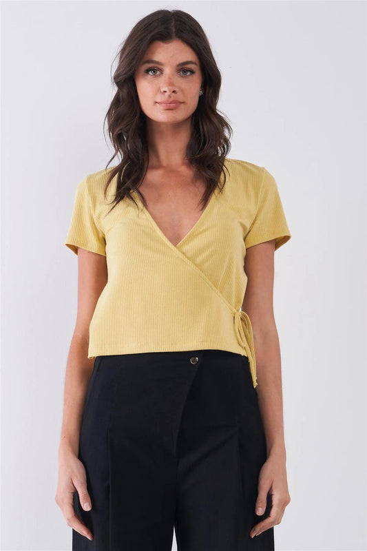 Honey Mustard Ribbed Plunging V-Neck Self-Tie Wrap Detail Top /3-2-1 - Tasha Apparel Wholesale