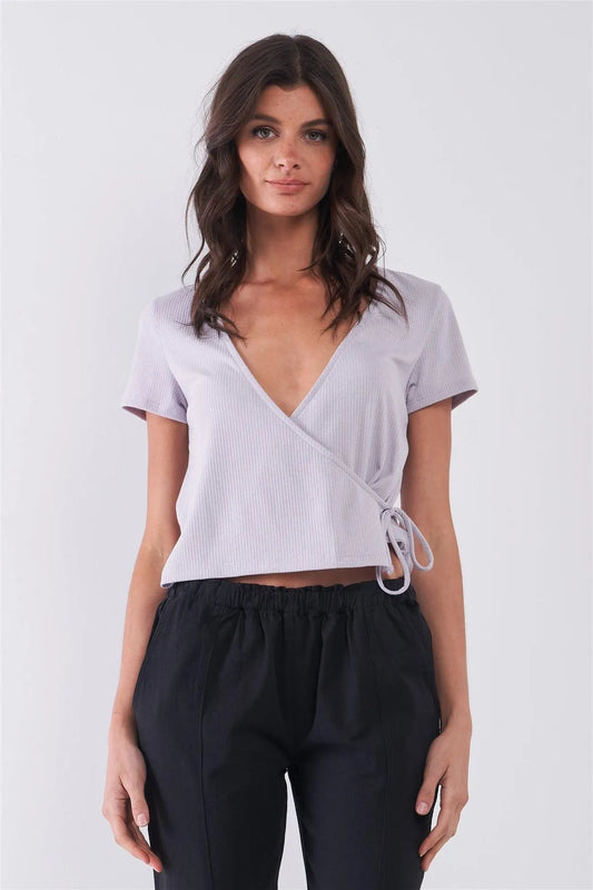 Lavender Ribbed Plunging V-Neck Self-Tie Wrap Detail Top /3-2-1 - Tasha Apparel Wholesale