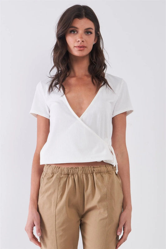 Off-White Ribbed Plunging V-Neck Self-Tie Wrap Detail Top /3-2-1 - Tasha Apparel Wholesale