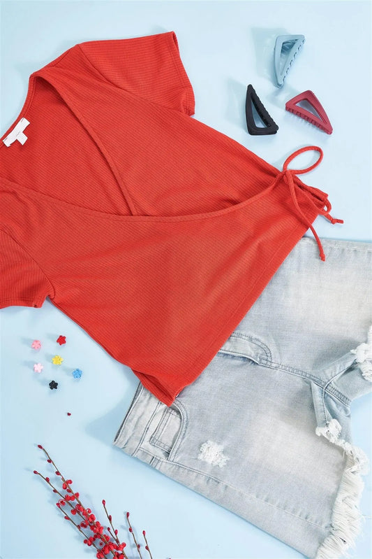 Summer Red Ribbed Plunging V-Neck Self-Tie Wrap Detail Top /3-2-1 - Tasha Apparel Wholesale