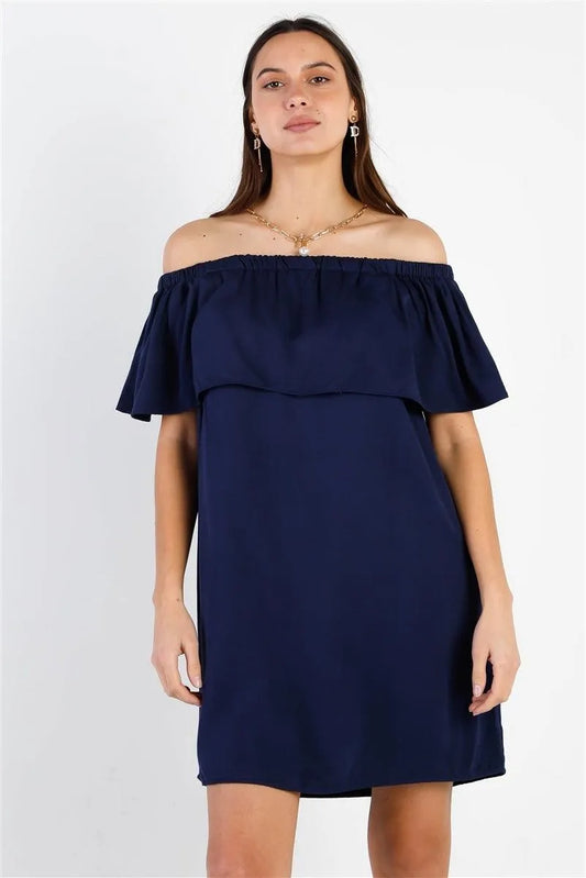 Off-The-Shoulder Neckline Ruffle Overlay Mini Dress - Tasha Apparel Wholesale
