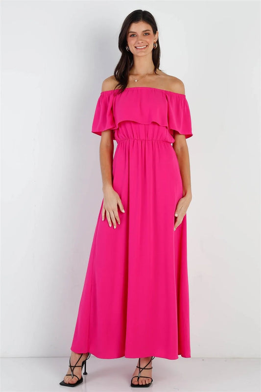 Hot Pink Off-The-Shoulder Ruffle Collar Maxi Dress /1-2-2-1 - Tasha Apparel Wholesale