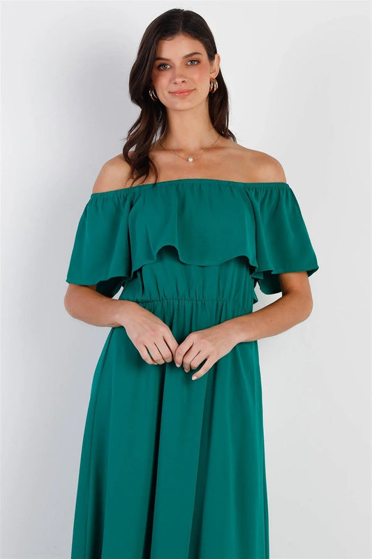 Emerald Off-The-Shoulder Ruffle Collar Maxi Dress /1-2-1 - Tasha Apparel Wholesale