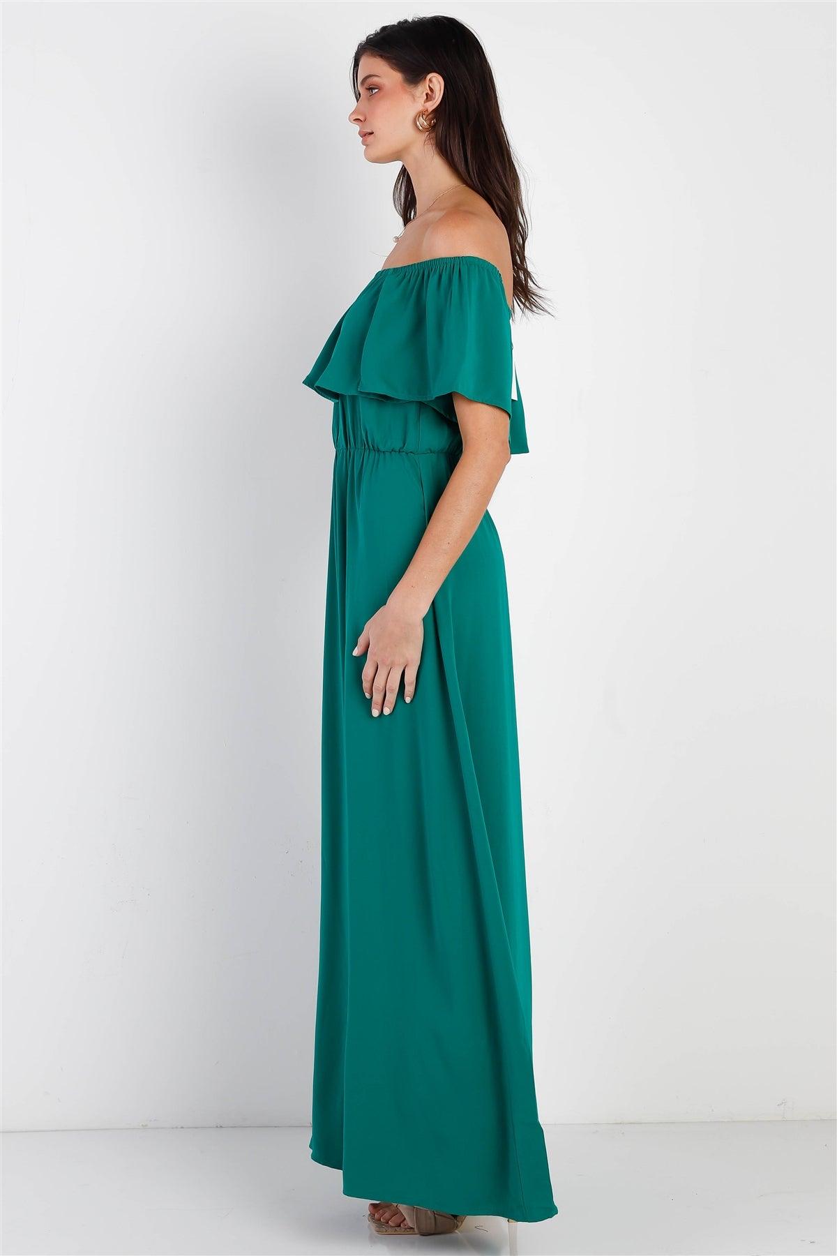 Emerald Off-The-Shoulder Ruffle Collar Maxi Dress /1-2-1