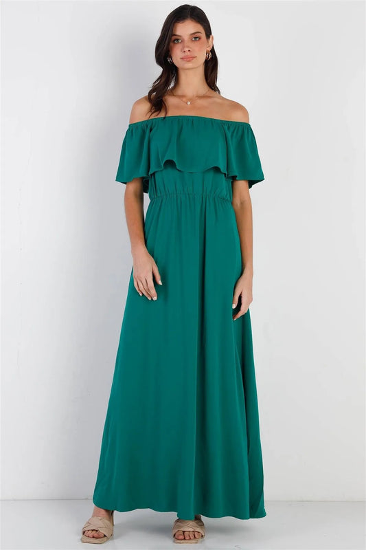 Emerald Off-The-Shoulder Ruffle Collar Maxi Dress /1-2-2-1 - Tasha Apparel Wholesale