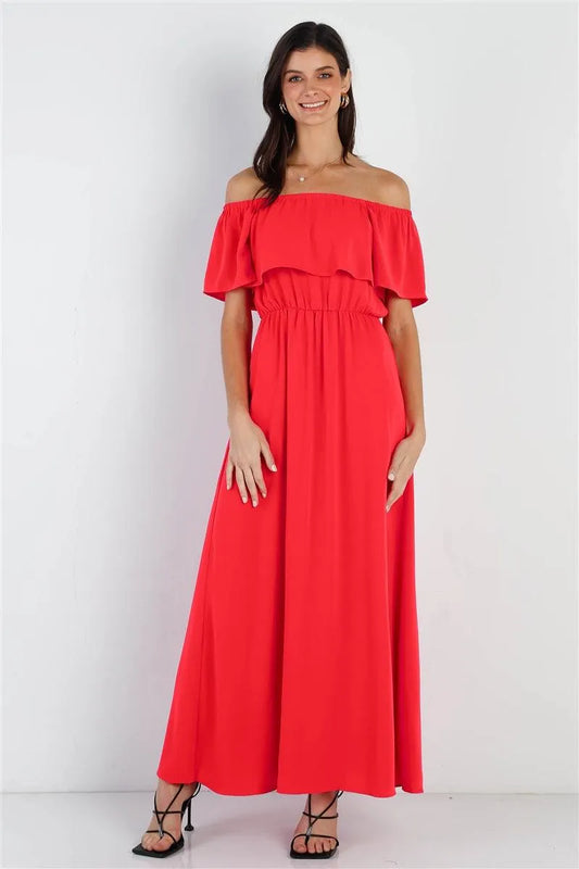 Red Off Shoulder Ruffle Maxi Dress - Tasha Apparel Wholesale