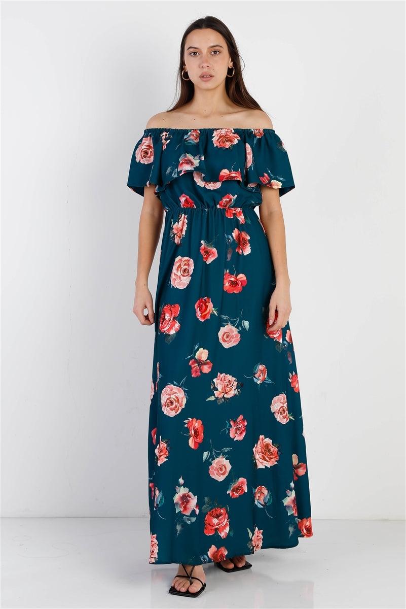 Teal Multi Floral Off Shoulder Ruffle Maxi Dress