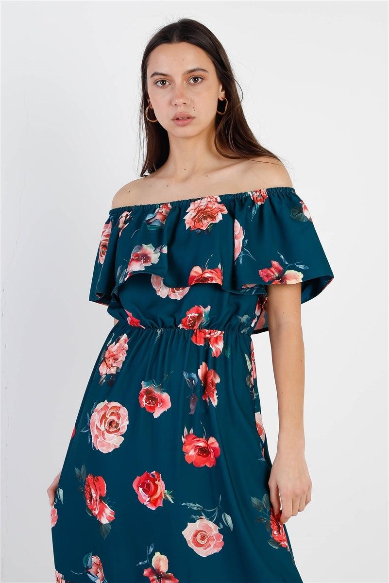 Teal Multi Floral Off Shoulder Ruffle Maxi Dress