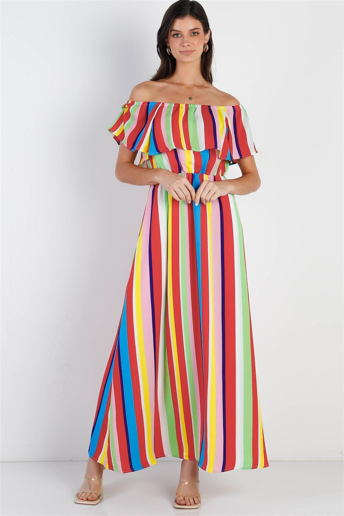 Rainbow Multi Color Stripe Off-The-Shoulder Ruffle Collar Maxi Dress /2-2-1