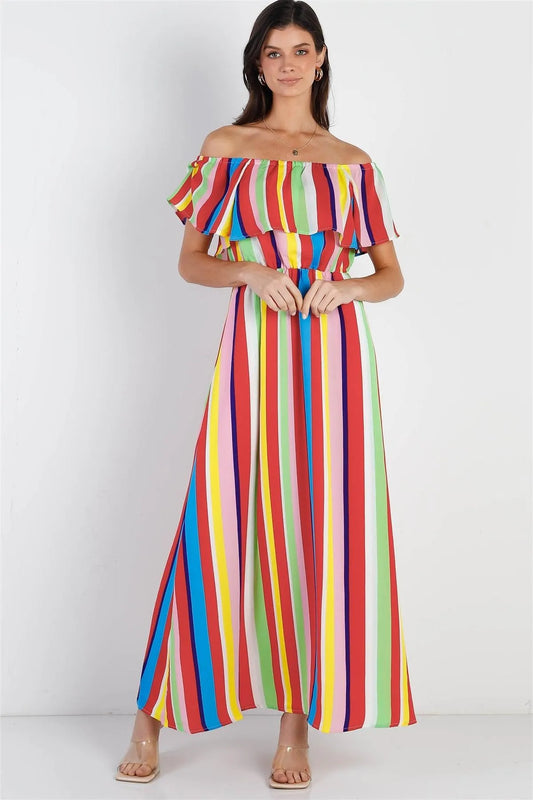Rainbow Multi Color Stripe Off-The-Shoulder Ruffle Collar Maxi Dress /2-2-1 - Tasha Apparel Wholesale