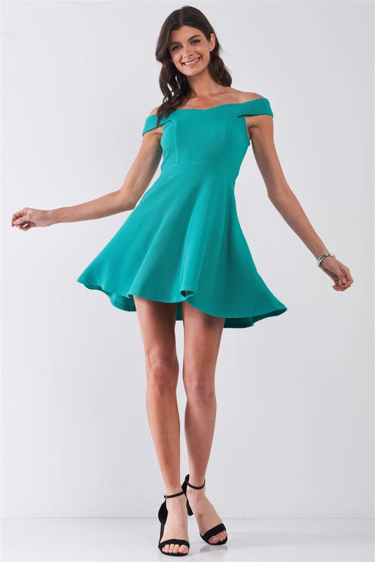 Emerald Green Sleeveless Off-The-Shoulder A-Line Flare Mini Dress /2-2-2 - Tasha Apparel Wholesale