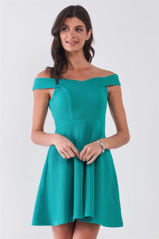 Emerald Green Sleeveless Off-The-Shoulder A-Line Flare Mini Dress /1-2-2-2 - Tasha Apparel Wholesale