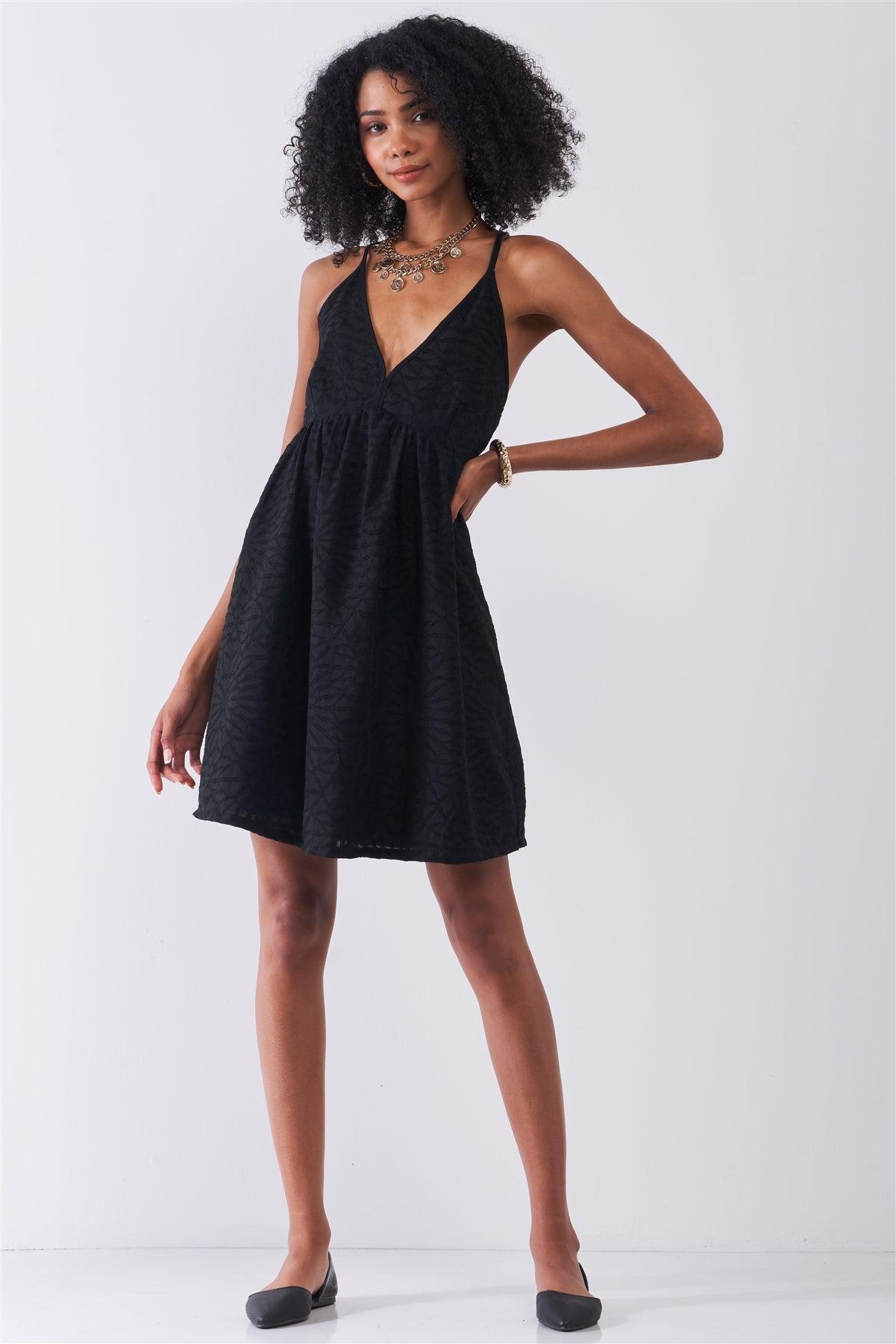 Black Geometric Embroidery V-Neck Sleeveless Criss-Cross Back Mini Dress /1-1-2