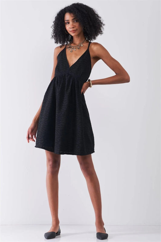 Black Geometric Embroidery V-Neck Sleeveless Criss-Cross Back Mini Dress /1-1-2 - Tasha Apparel Wholesale
