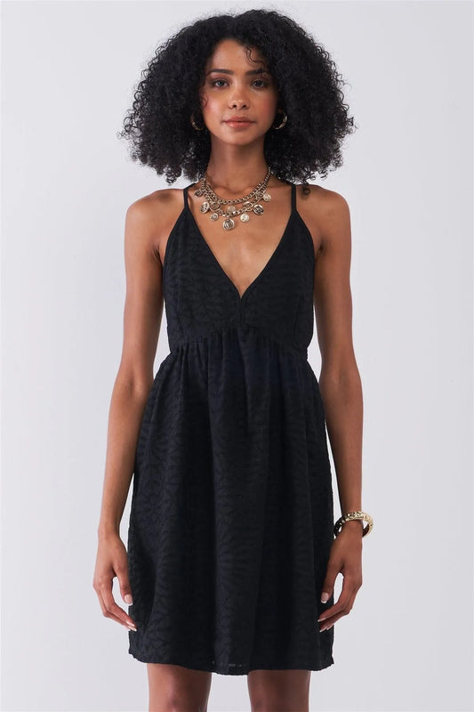 Black Geometric Embroidery V-Neck Sleeveless Criss-Cross Back Mini Dress /1-2-2-1 - Tasha Apparel Wholesale