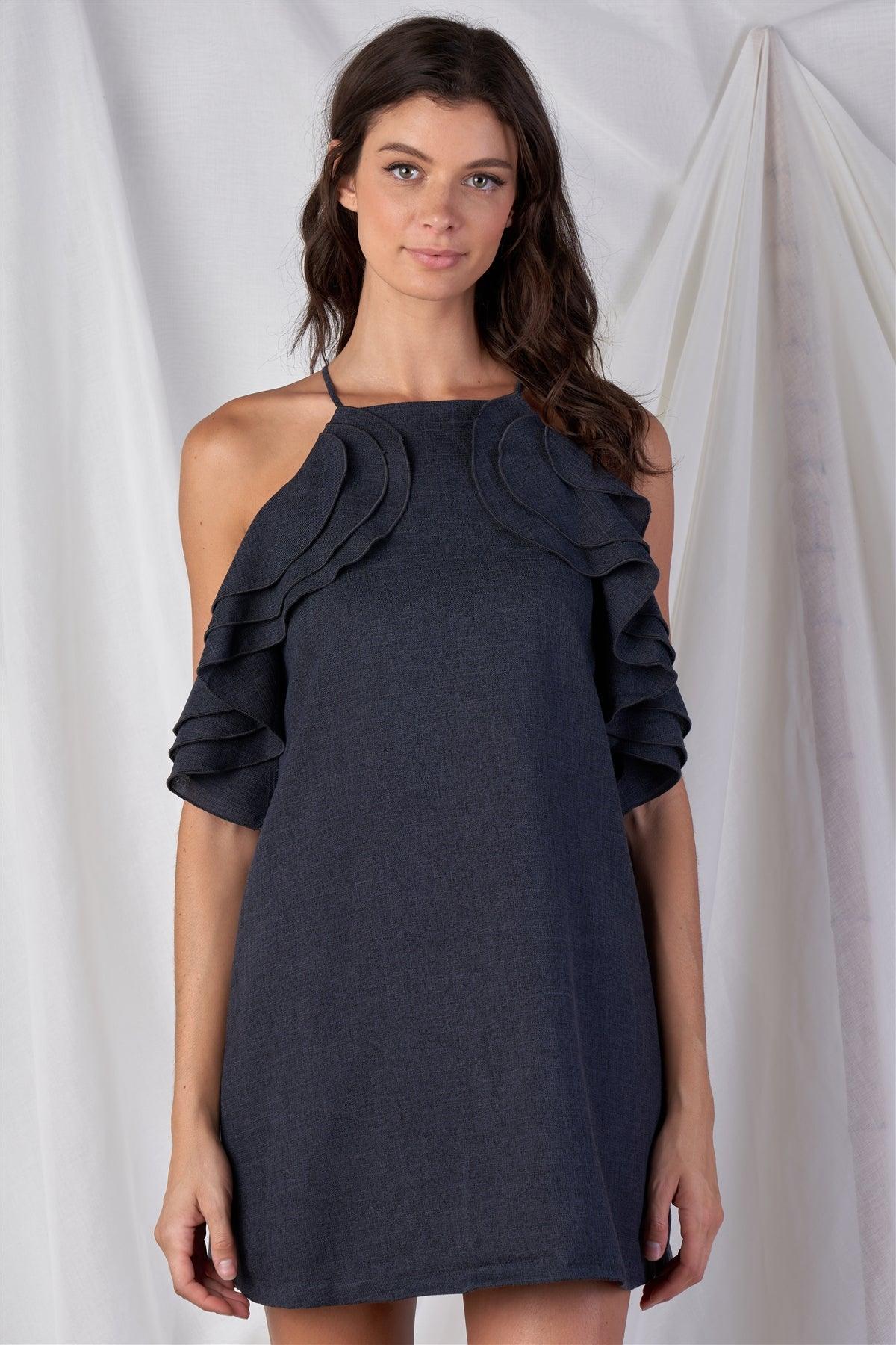 Solid Dark Grey Loose Fit Sleeveless Off-The-Shoulder Massive Triple Ruffle Hem Lined Mini Dress /1-1-2-1