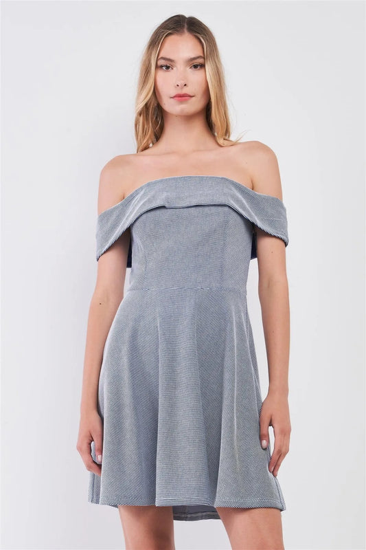 Blue & White Striped Sleeveless Off-The-Shoulder A-Line Flare Mini Dress /1-2-2-1 - Tasha Apparel Wholesale