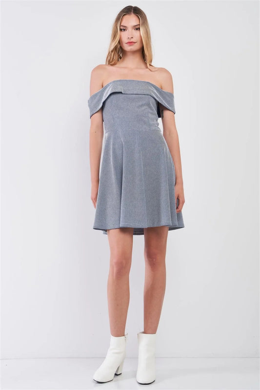Blue & White Striped Sleeveless Off-The-Shoulder A-Line Flare Mini Dress /1-2-2 - Tasha Apparel Wholesale