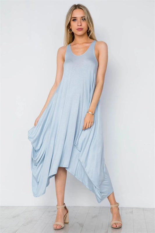 Light Blue Basic Loose Fit Sleeveless Midi Dress - Tasha Apparel Wholesale