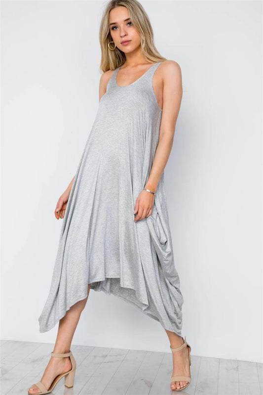 Grey Basic Loose Fit Sleeveless Midi Dress / 2-2-2 - Tasha Apparel Wholesale
