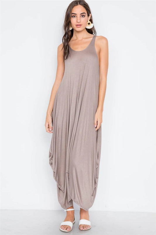 Light Brown Basic Loose Fit Sleeveless Midi Dress - Tasha Apparel Wholesale