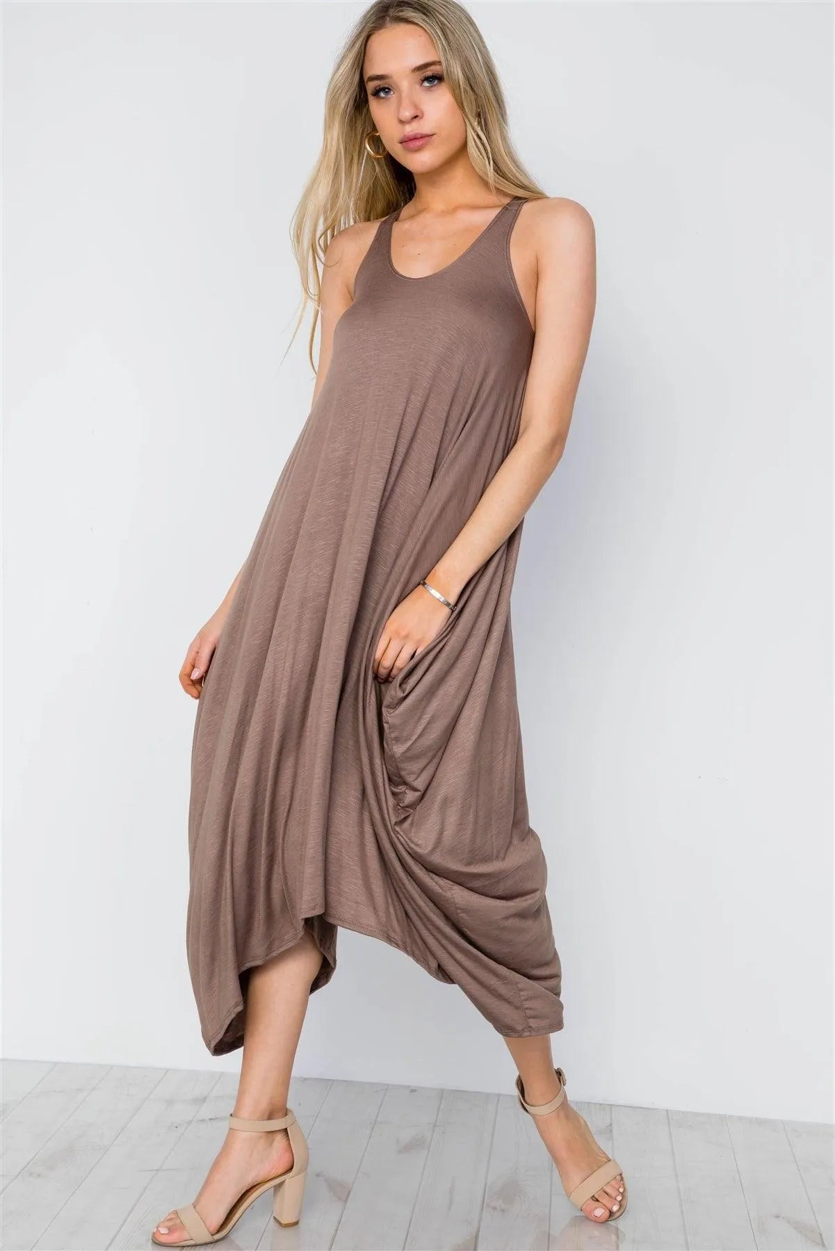 Mocha Basic Loose Fit Sleeveless Midi Dress - Tasha Apparel Wholesale