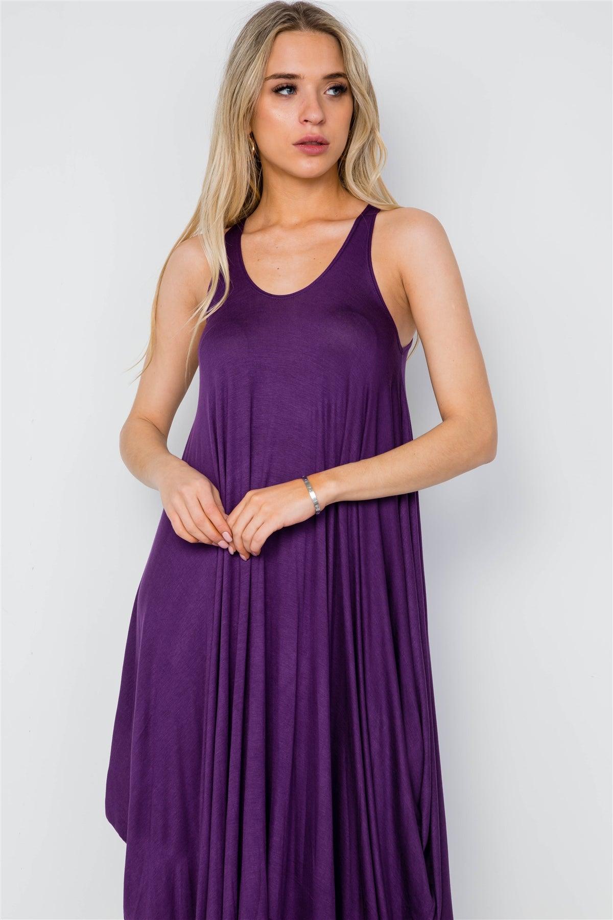 Purple Basic Loose Fit Sleeveless Midi Dress / 2-2-2