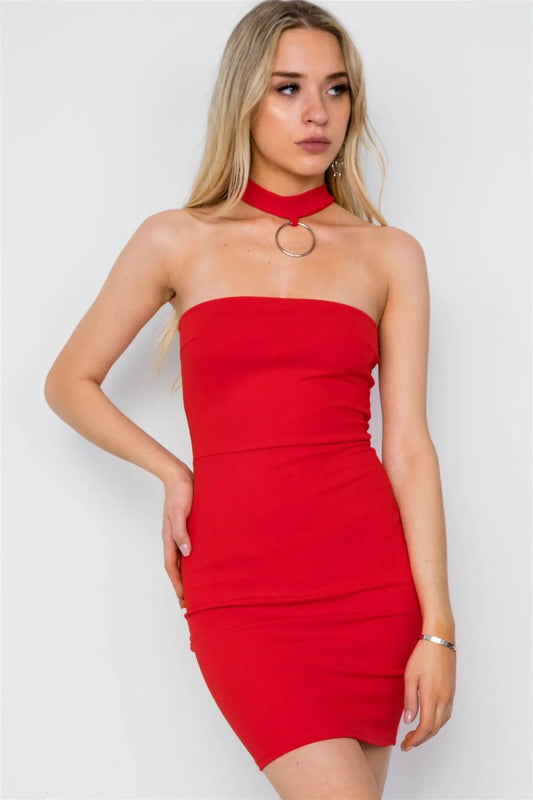 Red Bodycon Chocker Neck Mini Dress / 3-2-1 - Tasha Apparel Wholesale