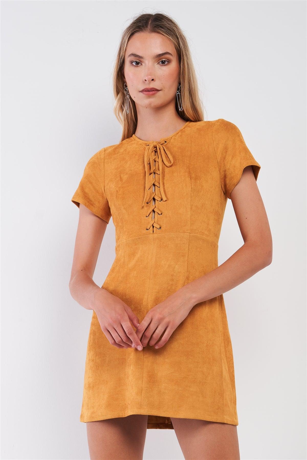 Camel-Mustard Lace-Up Vegan Suede Short Sleeve Fitted Mini Dress /1-1-2-2