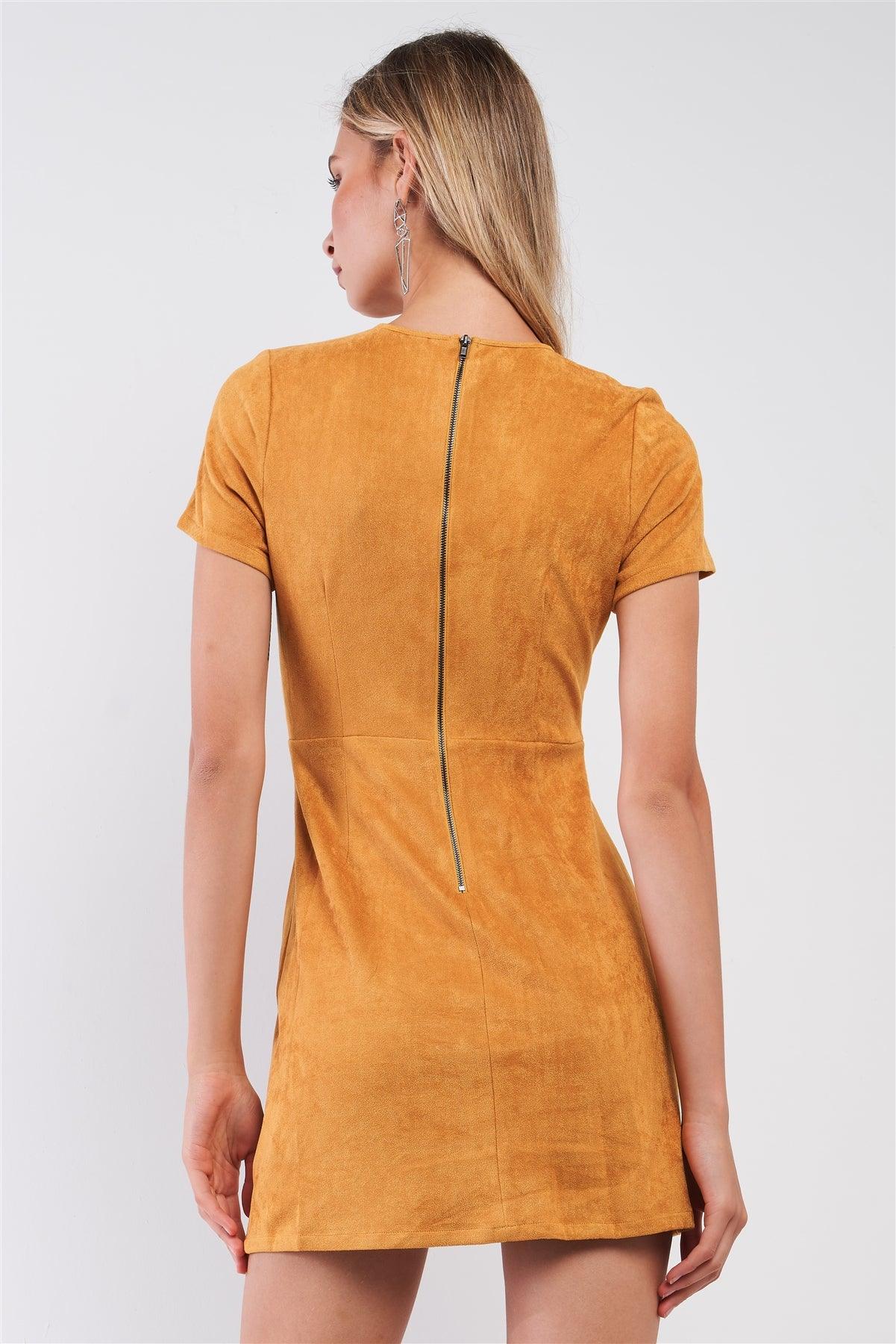 Camel-Mustard Lace-Up Vegan Suede Short Sleeve Fitted Mini Dress /1-1-2-2