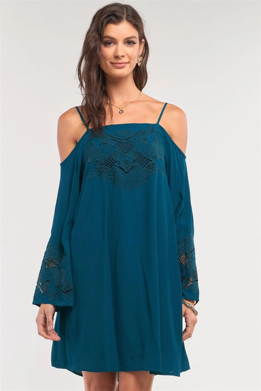 Teal Green Off-The-Shoulder Flare Long Sleeve Square Neck Crochet Embroidery Mini Dress /1-2-2-1 - Tasha Apparel Wholesale