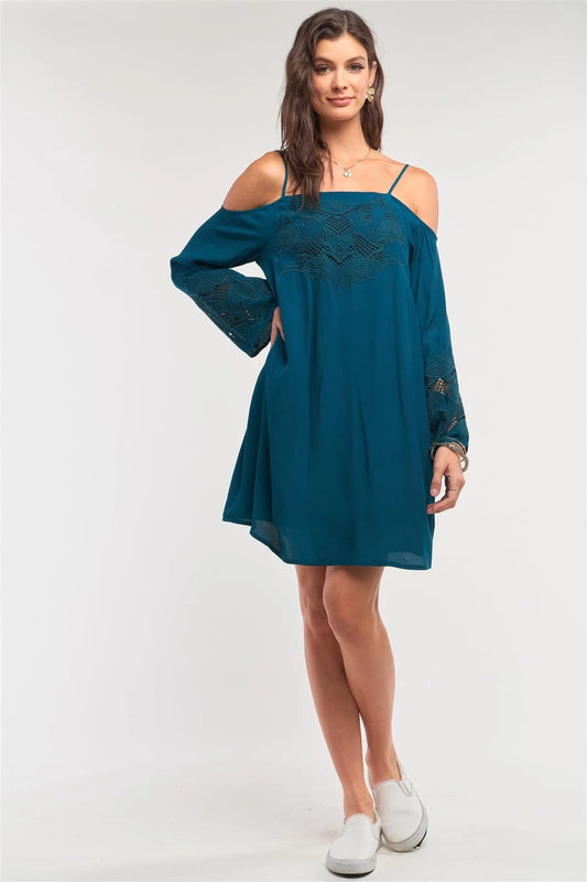 Teal Green Off-The-Shoulder Flare Long Sleeve Square Neck Crochet Embroidery Mini Dress /2-1-2-1 - Tasha Apparel Wholesale