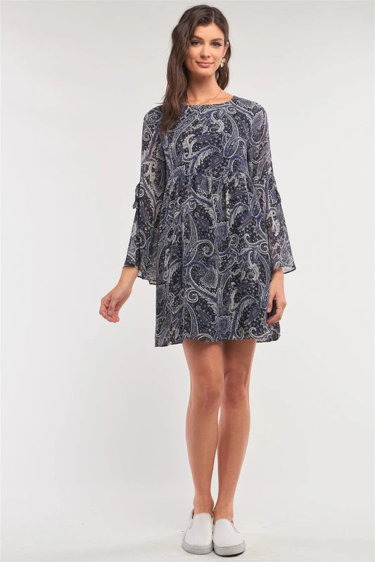 Navy Multicolor Paisley Print Loose Fit Trumpet Sleeve Self-Tie Detail Mini Dress /2-2-1 - Tasha Apparel Wholesale