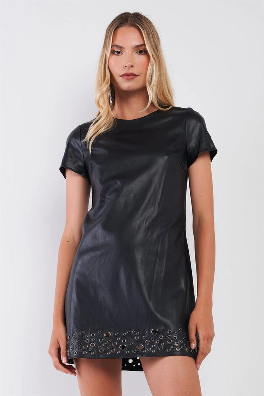 Black Vegan Leather Short Sleeve Metallic Loops Mini Dress /1-2-1-2 - Tasha Apparel Wholesale