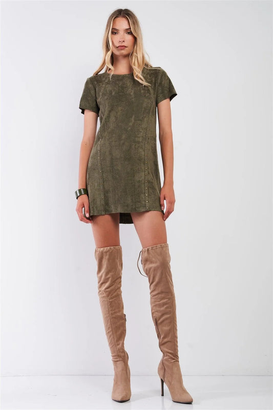 Olive Vegan Suede Short Sleeve Fitted Mini Dress /2-3-1 - Tasha Apparel Wholesale