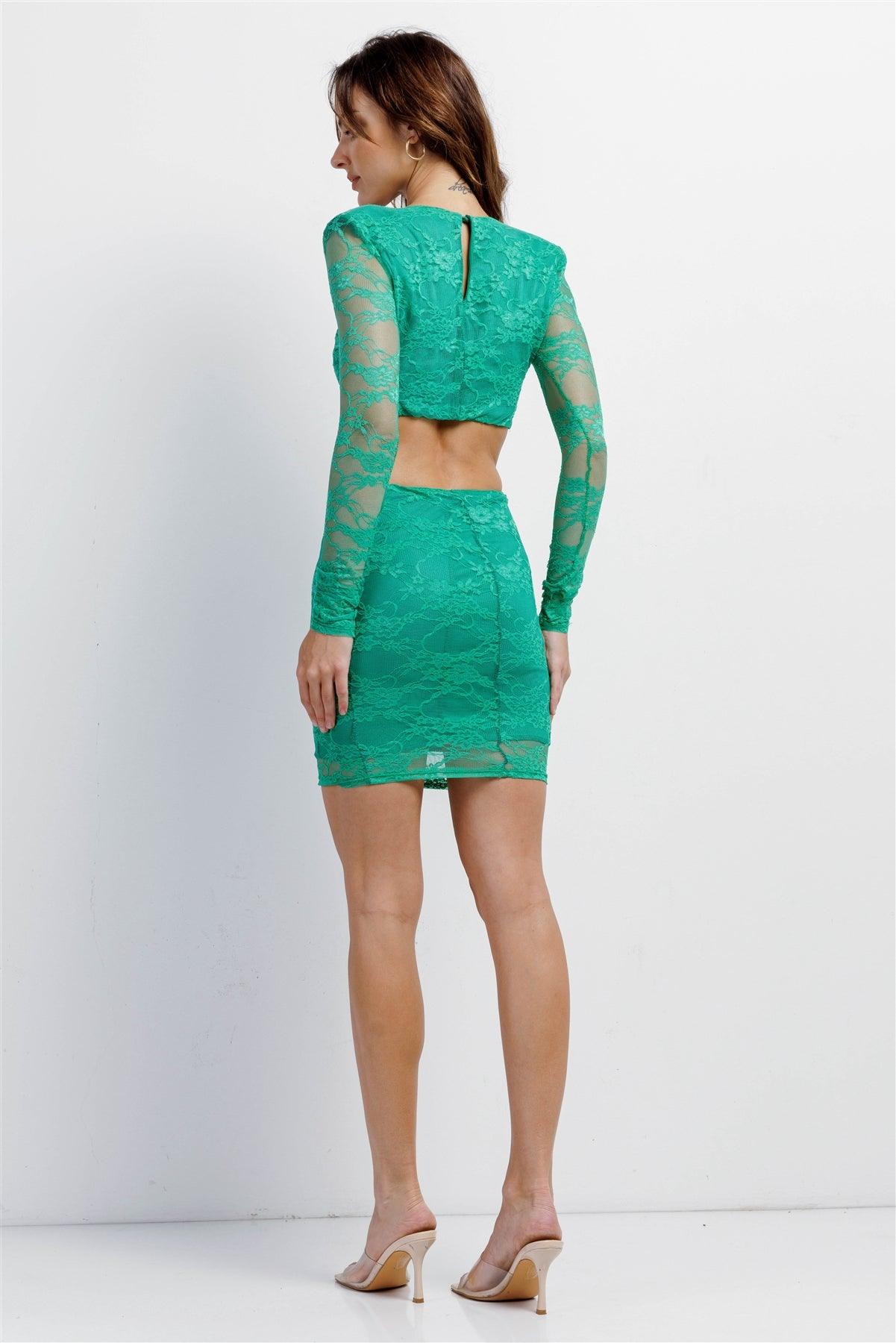Emerald Floral Lace V-Neck Long Sleeve Side Cut-Out Open Back Mini Dress /3-2-1
