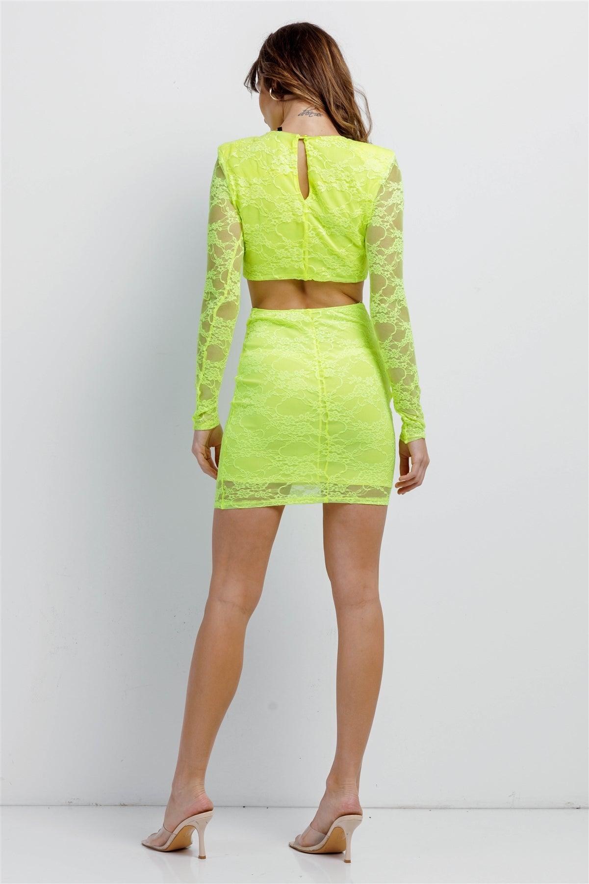 Neon Yellow Floral Lace V-Neck Long Sleeve Side Cut Out Open Back Dress Mini Dress /3-2-1