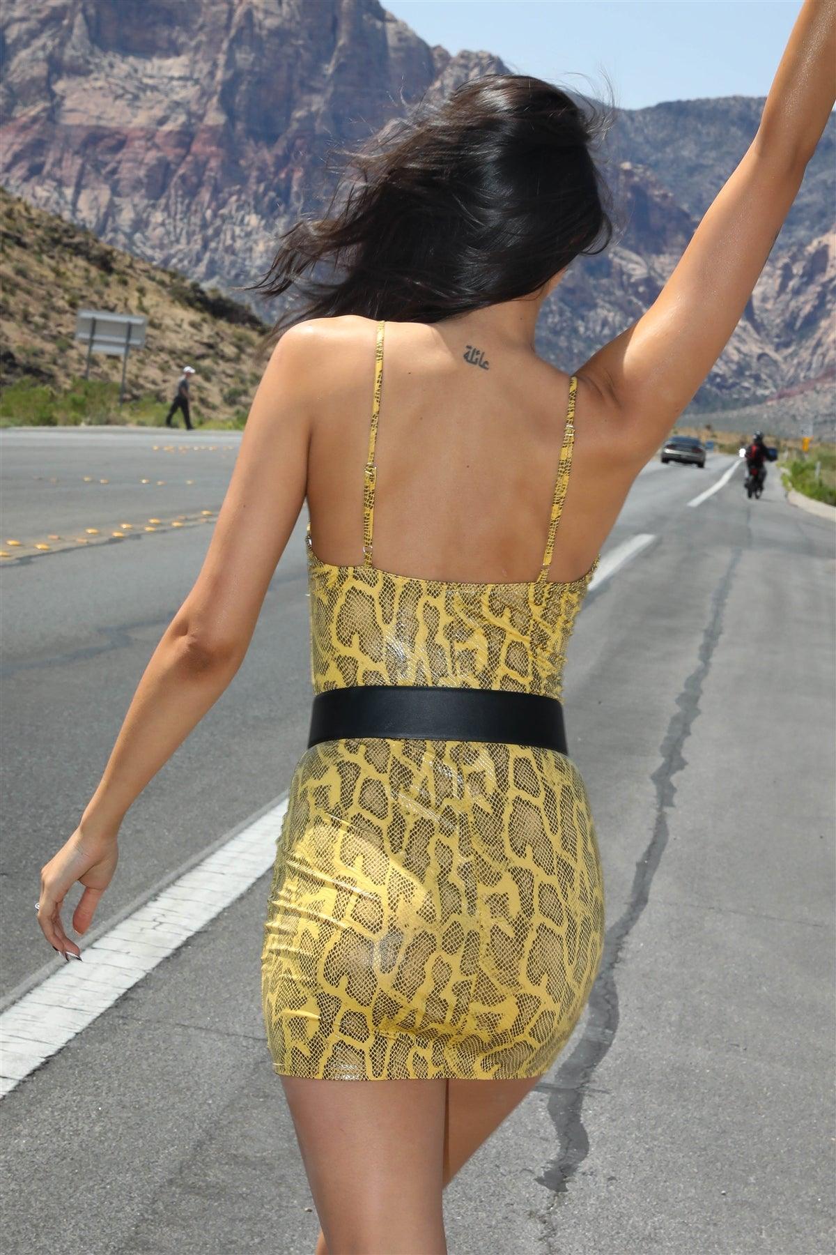 Yellow & Black Glossy Snake Print Cut-Out Mini Dress /3-2-1