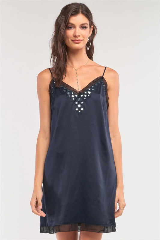 Navy Satin Sleeveless Relaxed Mesh Hem Glass Mosaic Embroidery Detail V-Neck Slip Mini Dress /1-2-2-1 - Tasha Apparel Wholesale