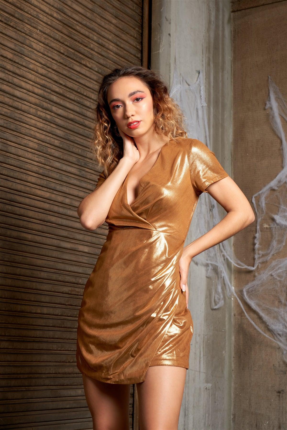 Liquid Gold Deep Plunge V-Neck Short Sleeve Wrap Gathered Side Detail Mini Dress /1-1-2-1