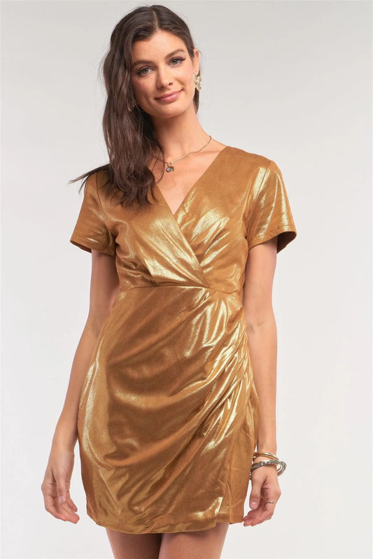 Liquid Gold Deep Plunge V-Neck Short Sleeve Wrap Gathered Side Detail Mini Dress /1-2-2-1 - Tasha Apparel Wholesale