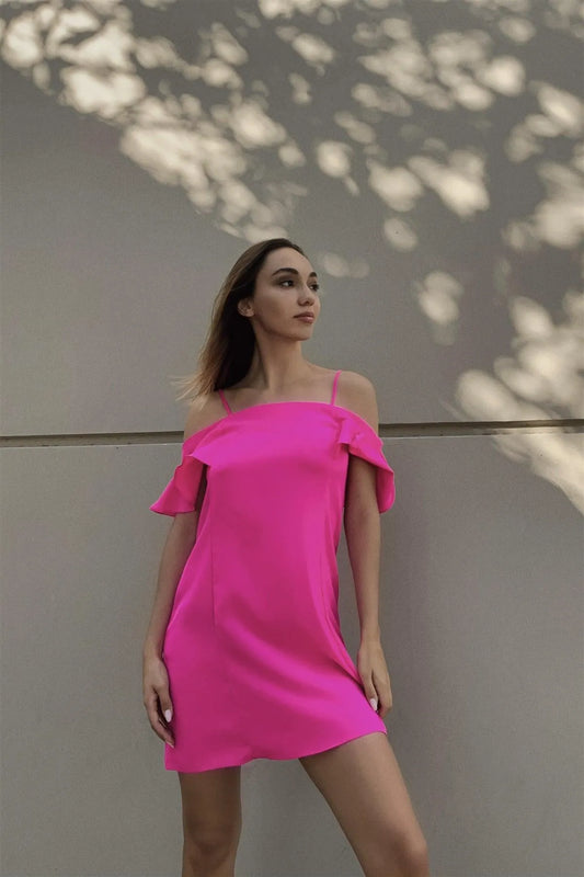 Hot Pink Cold Shoulder Ruffle Mini Shift Dress /1-2-2-1 - Tasha Apparel Wholesale