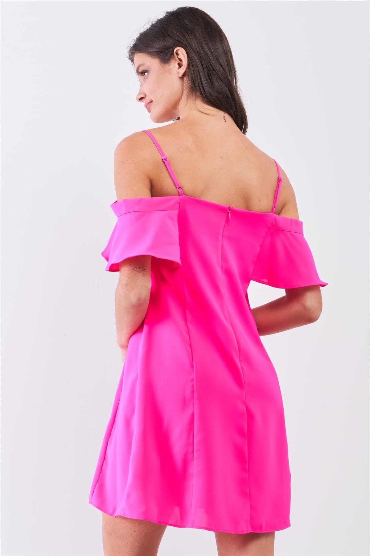 Hot Pink Cold Shoulder Ruffle Mini Shift Dress /1-2-2-1