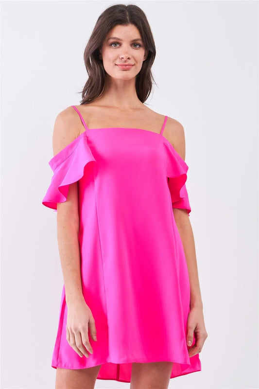 Hot Pink Cold Shoulder Ruffle Mini Shift Dress /1-2-3 - Tasha Apparel Wholesale