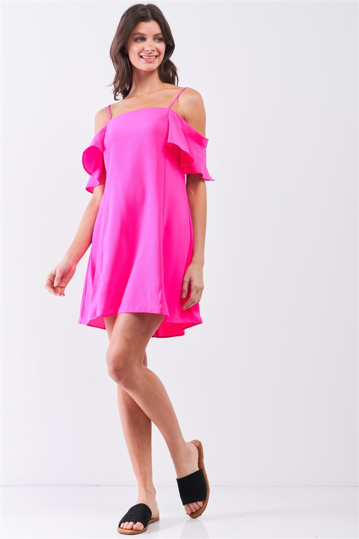 Hot Pink Cold Shoulder Ruffle Mini Shift Dress /1-2-3