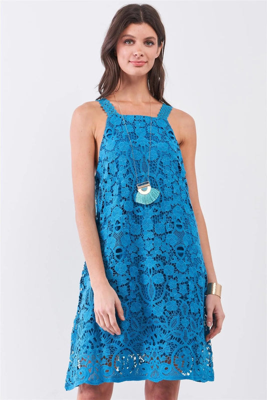 Teal Sleeveless Crochet Lace Racer Back Detail Mini Dress /1-2-2-1 - Tasha Apparel Wholesale