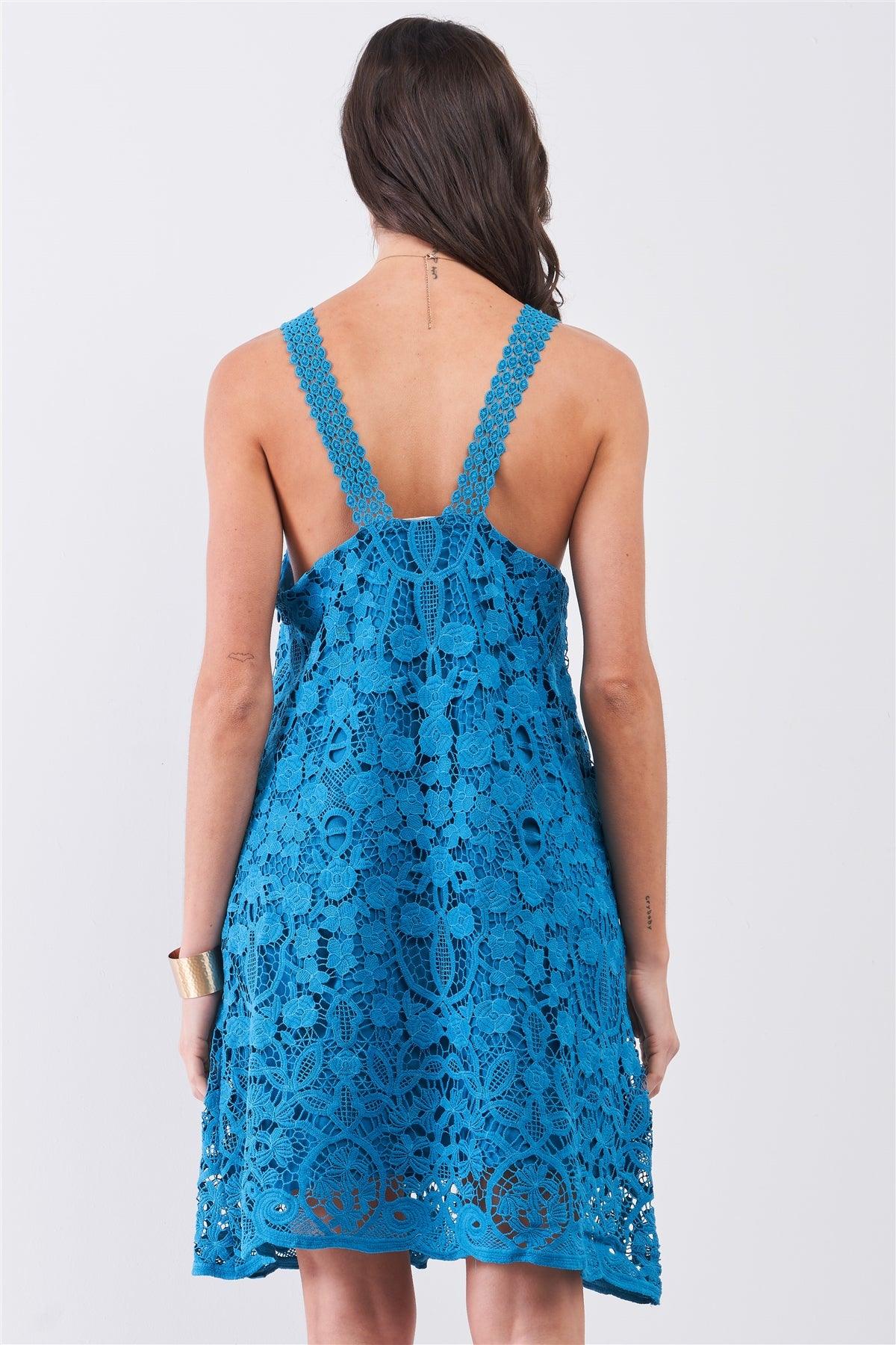 Teal Sleeveless Crochet Lace Racer Back Detail Mini Dress /1-2-2-1