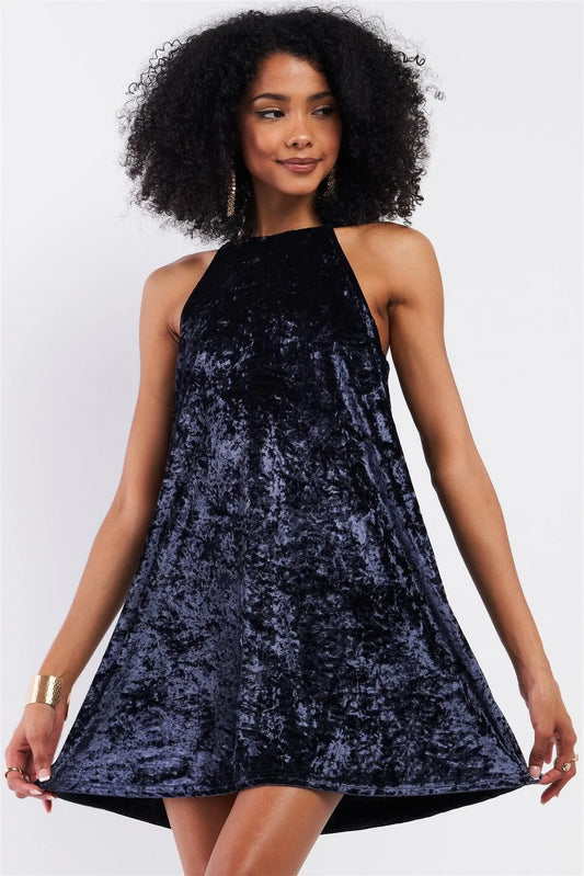 Dusty Blue Velvet Square Halter Neck Mini Dress - Tasha Apparel Wholesale