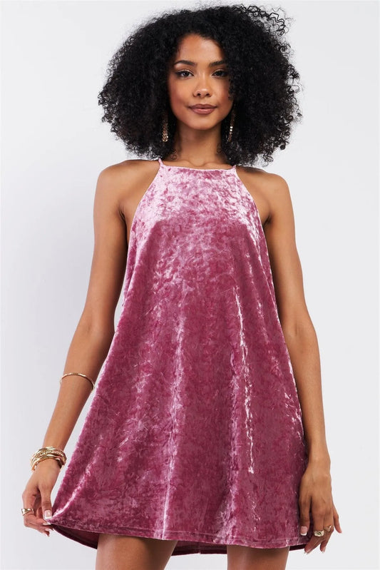 Pink Rose Velvet Square Halter Neck Mini Dress - Tasha Apparel Wholesale